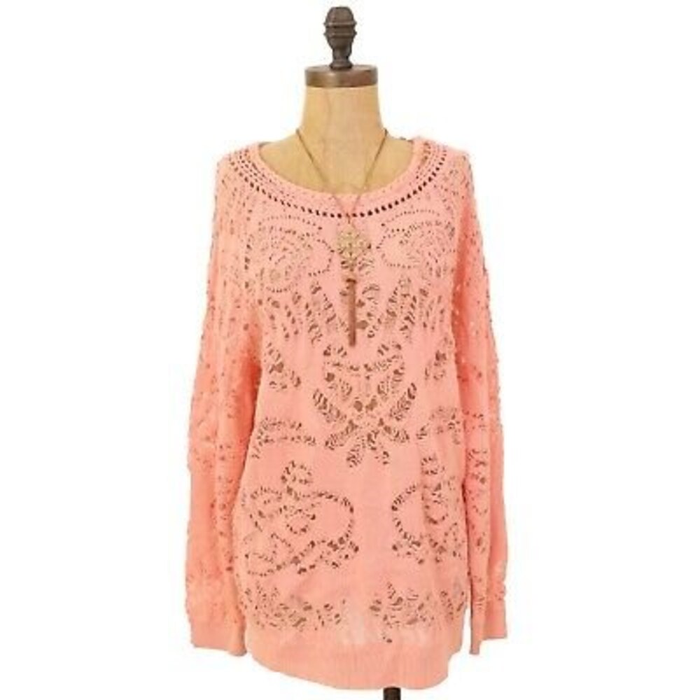 Hinge Open Stitch Pullover Sweater Top Size S Cotton/Nylon Orange EUC B26